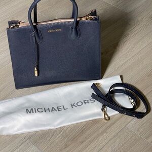 Michael Kors Dark Blue Satchel with Gold Accents